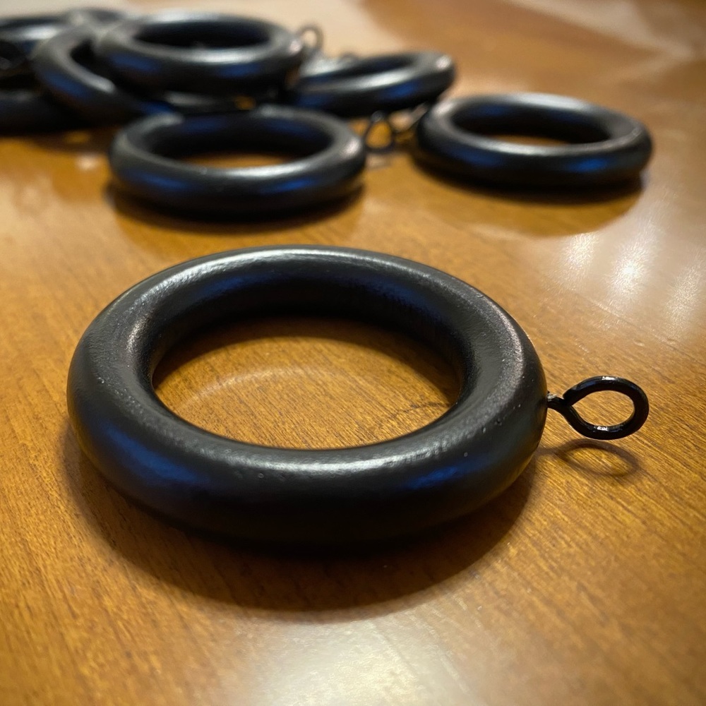 black wood curtain rings with metal eye hook - perfect for 1” rods